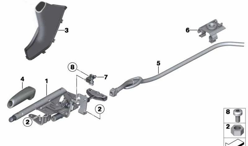 Palanca de freno de mano OEM 34406876774 para BMW F20, F20N, F21, F21N, F22, F22N, F23, F23N, F87, F87N, F30, F30N, F31, F31N, F34, F34N, F35, F35N, F80, F80N, F32, F32N, F33, F33N, F36, F36N, F82, F82N, F83, F83N. Original BMW.