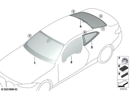 Left rear door side glass for BMW 4 Series G23, G83 (OEM 51357955237). Genuine BMW