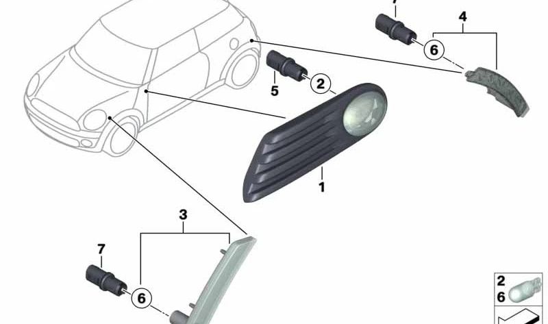 Intermitente lateral izquierdo OEM 63137188613 para MINI R55, R56, R57. Compatible con versiones Cooper y Cooper D. Original MINI.