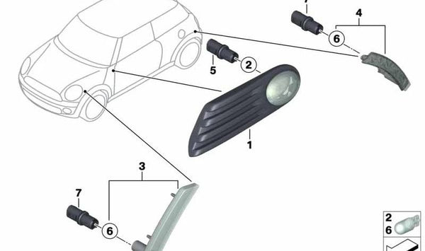 Intermitente lateral derecho OEM 63137267892 para MINI R55, R56, R57. Compatible con versiones Cooper y Cooper D con cambio manual y automático. Original MINI.