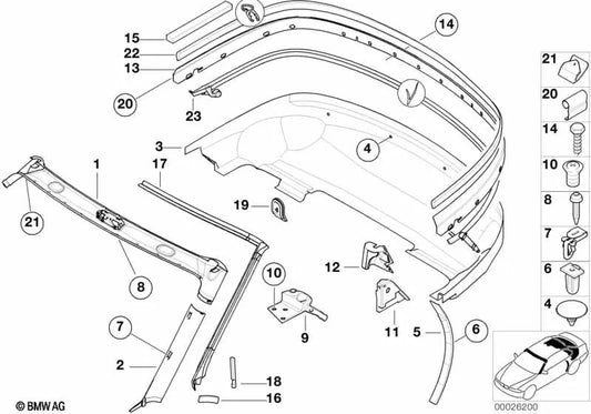Cobertura de suporte à direita para BMW E36, E46, E90, E91 (OEM 51718400702). BMW original.