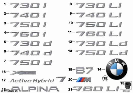 Letra traseira "750Li" OEM 51147187130 para BMW Série 7 F02, F02 LCI, F04 Hybrid. BMW genuíno.
