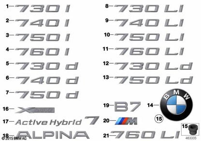 Emblema para BMW Serie 7 F02, F04 (OEM 51147187130). Original BMW.