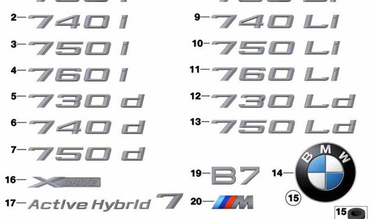 Emblema traseiro "740i" OEM 51147187123 para BMW 7 F01 Series (740i e híbrido 7). BMW original.