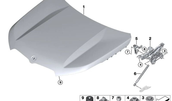 Bisagra capó delantera izquierda OEM 41009629173 para BMW X1 (U11, U12), X2 (U10) y MINI Countryman (U25). Pieza original BMW y MINI.
