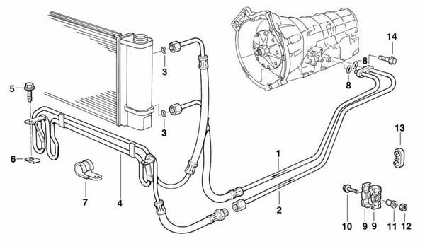 Tubería de aceite del radiador (ida) OEM 17222243676 para BMW E34. Original BMW.