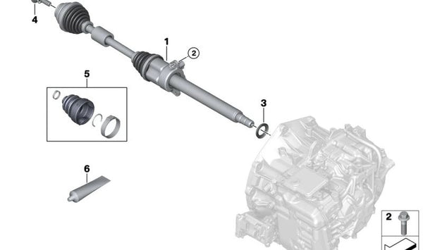 Palier delantero derecho OEM 31605A44AB6 para BMW F70,F74,U06,U11,U10. Compatible con modelos Serie 1, Serie 2, X1, X2 con tracción delantera. Original BMW.