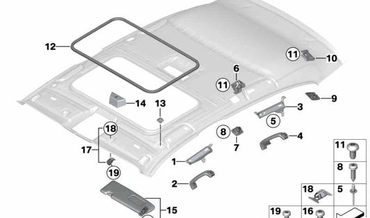 Soporte delantero del techo OEM 51446966530 para BMW E82, E87, F20, F21, F22, F87. Original BMW.