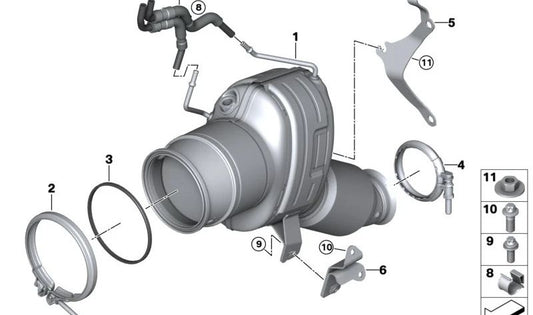 Soporte catalizador cercano al motor OEM 18325A04CB6 para BMW G20, G21, G22, G23, G60, G61, G70. Original BMW.