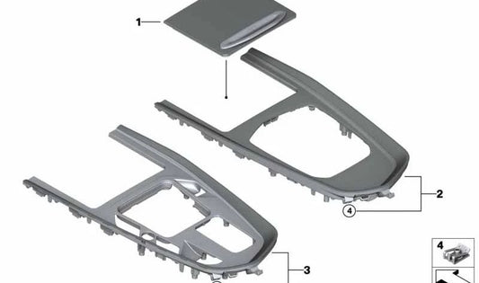 Embellecedor compartimento central efecto aluminio OEM 51166821613 para BMW Z4 G29 {sDrive20i, Z4 M40i, M40i}. Original BMW.