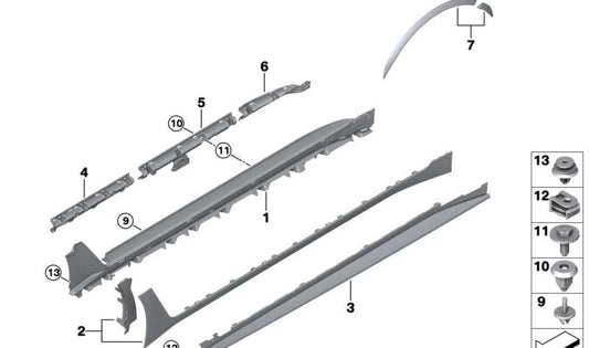 Cubierta embellecedora derecha del faldón lateral OEM 51775A360F2 color gris frozen para BMW G26E y G26F. Original BMW.