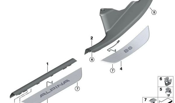 Embellecedor interior entrada puerta OEM 51479493083 para BMW F93 y G16. Color negro. Original BMW.