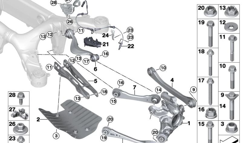 Brazo de caída trasero OEM 33308091185 para BMW X5 F95, F95N, X6 F96, F96N, X7 G07, G07N, XM G09. Original BMW.