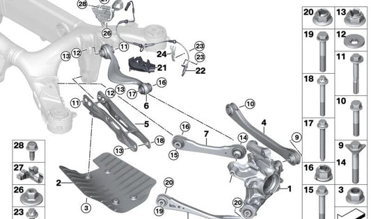 Brazo de caída trasero OEM 33308091185 para BMW X5 F95, F95N, X6 F96, F96N, X7 G07, G07N, XM G09. Original BMW.