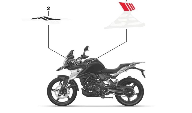 Tapa decorativa lateral del depósito izquierda OEM 51141541965 para BMW Motorrad G 310 GS (GK02, desde 10/2020 hasta 03/2025). Original BMW Motorrad.