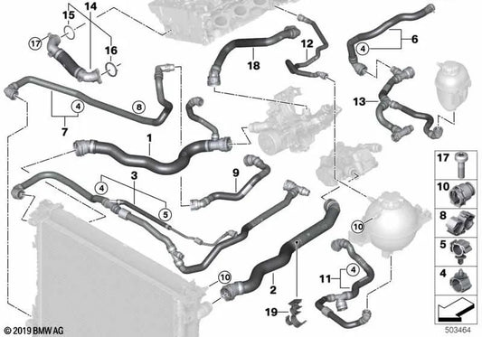 Coolant pipe bracket for BMW X3 G01, G08, X4 G02, X5 G05, G18, X6 G06 (OEM 17128654876). Original BMW