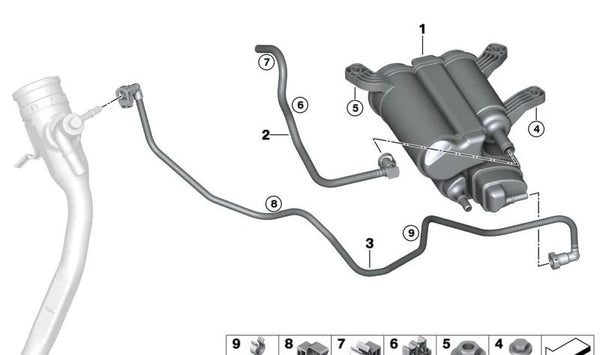 Tubo de ventilación de combustible OEM 16137498361 para BMW F91, F92, F93, G14, G15, G16. Original BMW.