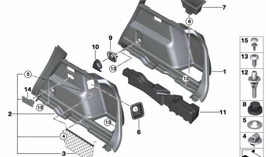 Revestimiento lateral derecho del maletero OEM 51479462060 para BMW F45, F46. Original BMW.