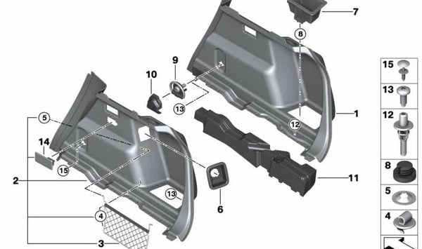 Revestimiento lateral derecho del maletero OEM 51479462060 para BMW F45, F46. Original BMW.