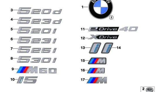 Side emblem for BMW 5 Series G60, G61, G68 (OEM 51145A4CE12). Genuine BMW.