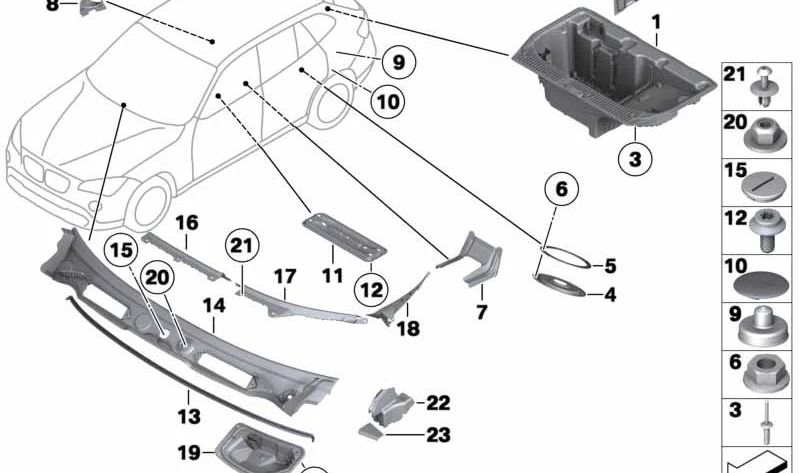Cubierta plástica lateral derecha base parabrisas OEM 51712991898 para BMW E84. Original BMW.