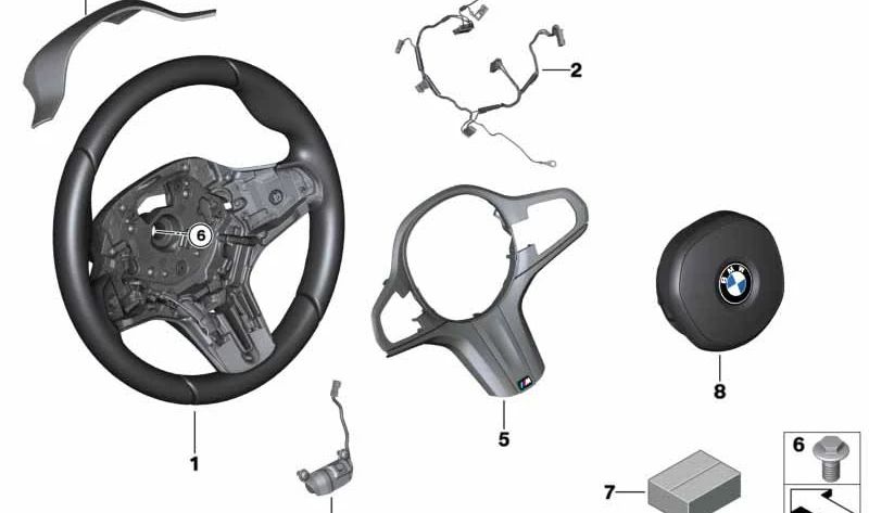 Embellecedor volante M OEM 32307856290 para BMW G30, G31, G38, G32, G11, G12, G01, G08, G02. Compatible con volante M multifunción o con levas. Original BMW.