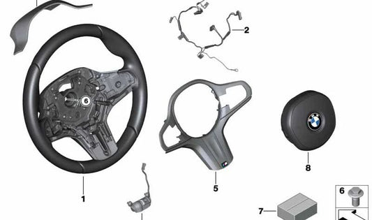 Embellecedor volante M OEM 32307856290 para BMW G30, G31, G38, G32, G11, G12, G01, G08, G02. Compatible con volante M multifunción o con levas. Original BMW.