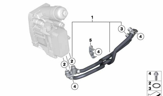 Soporte tubo refrigeración aceite OEM 17227810321 para BMW F20, F21, F22, E90, E91, E92, E93, F30, F31, F34, F32, F33, F36, F07, F10, F11, E84, F25, F15. Original BMW.