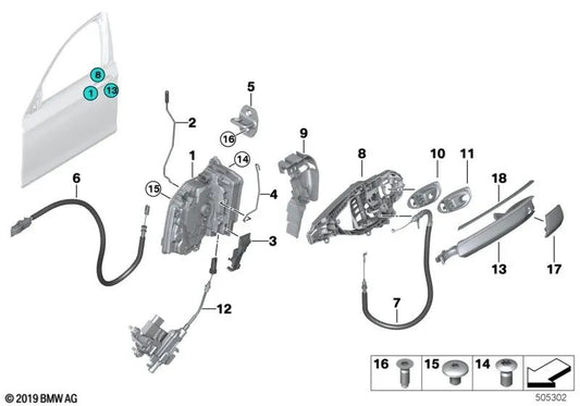 Sistema de trava frontal esquerda para BMW Série 7 G11, G12, X5 F15, F85, X6 F16, F86 (OEM 51217281947). BMW originais.