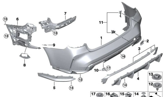 Parachoques trasero imprimado con sensores PDC+CA OEM 51127886952 para BMW Serie 3 G81, G81N. Pieza original BMW.