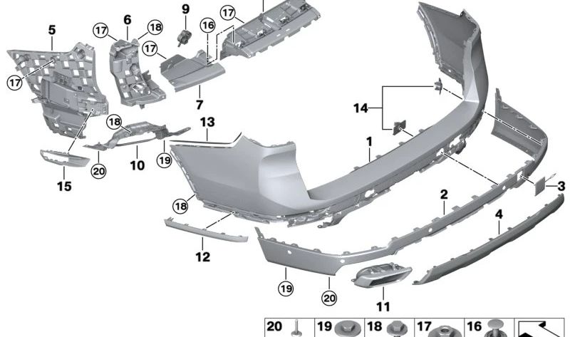 Cubierta central del paragolpes trasero imprimada OEM 51125A435B9 para BMW X7 G07. Repuesto original BMW.