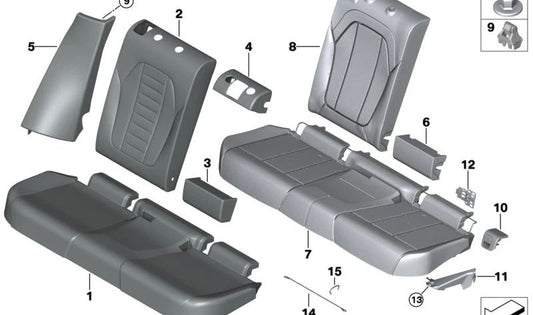 Funda de asiento trasero en polipiel negra OEM 52205A1B100 para BMW X3 G01 M40d y M40i (modelos 11DNB, 12DN, 16DN, 21DN, 22DN, 25DN, 26DN, 11FD, 81DP, 82DP). Original BMW.