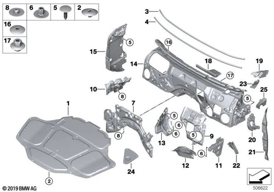 Akustische Isolierung der linken Kotflügel für BMW F90, G30, G31, G38 (OEM 51487352215). Original BMW