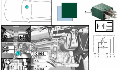 Relé de comutação verde OEM 6136980177 para BMW E81, E82, E87, E88, E90, E91, E92, E93, F10, F11, F18, E84, F25, F26, E70, E71, E72, E89. BMW original.