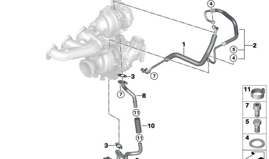 Tubería de retorno de aceite OEM 11428513623 para BMW F20, F21, F22, F23, F30, F31, F34, F32, F33, F36, G30, G31, G11, G12, G01, G02, F15. Original BMW.