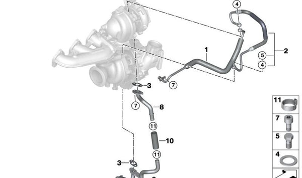 Tubo de aceite turbo OEM 11428513622 para BMW F20, F21, F22, F23, F30, F31, F34, F32, F33, F36, G30, G31, G11, G12, G01, G02, F15. Original BMW.