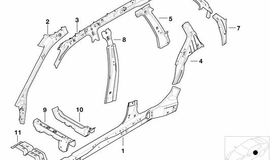 Refuerzo interior pilar D izquierdo OEM 41218253687 para BMW Serie 3 E46 (316i, 318d). Compatible con modelos fabricados entre 2002 y 2005. Pieza original BMW.