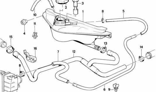 Depósito de expansión refrigerante OEM 17111712196 para BMW E32 730i, 730iL. Compatible con modelos desde 1986 hasta 1994. Recambio original BMW.