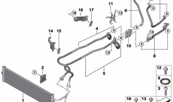 Tubería delantera de refrigeración de aceite de la caja de cambios OEM 17229468400 para BMW G11, G12, G30. Original BMW.