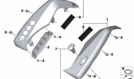 Pieza lateral interior izquierda OEM 46638566225 para BMW Motorrad R1200RT, R1250RT. Original BMW Motorrad.