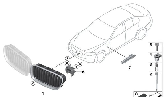 Rejilla embellecedora delantera izquierda OEM 51137412327 para BMW F10, F11, F18. Original BMW.