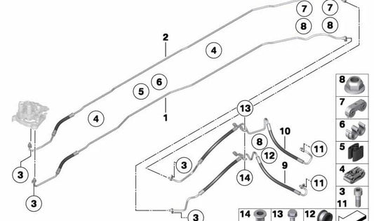Tubería hidráulica OEM 37106792436 para BMW Serie 7 F01, F01N. Pieza original BMW.