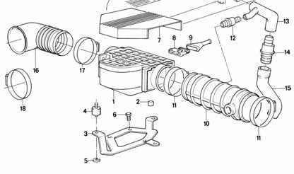 Soporte medidor de masa de aire OEM 13621707791 para BMW E34 530i, 535i y E24 635CSi. Original BMW.