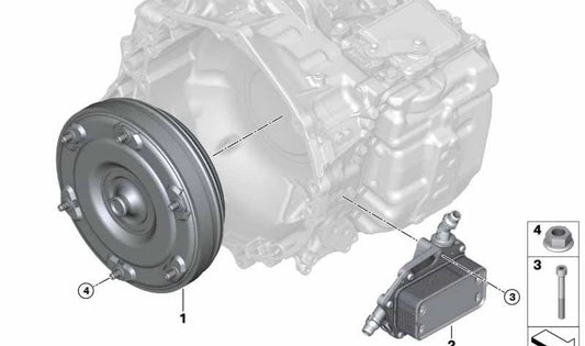Convertidor de par OEM 24428662292 para BMW X1 (F48 xDrive25d) y BMW X2 (F39 xDrive25d). Compatible con modelos automáticos con tracción total fabricados entre 2015 y 2019. Original BMW.