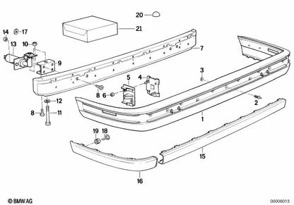 Linke hintere Stoßstangenhalterung OEM 41351971597 für BMW 3er E30 (316, 318i, 320i). Original BMW.