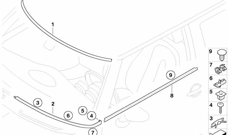 Clip de sujeción OEM 51317046633 para MINI R50, R52, R53. Pieza original MINI para fijación de molduras exteriores y embellecedores. Compatible con todos los modelos indicados.