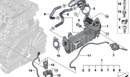 EGR Return Coolant Hose for BMW 2 Series F45, F46, X1 F48, X2 F39, MINI F54, F55, F56, F57, F60 (OEM 11718519876). Original BMW