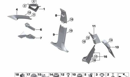 Embellecedor interior pilar A izquierdo OEM 51437373421 para BMW Serie 2 Active Tourer F46, F46N. Color Oyster. Original BMW.