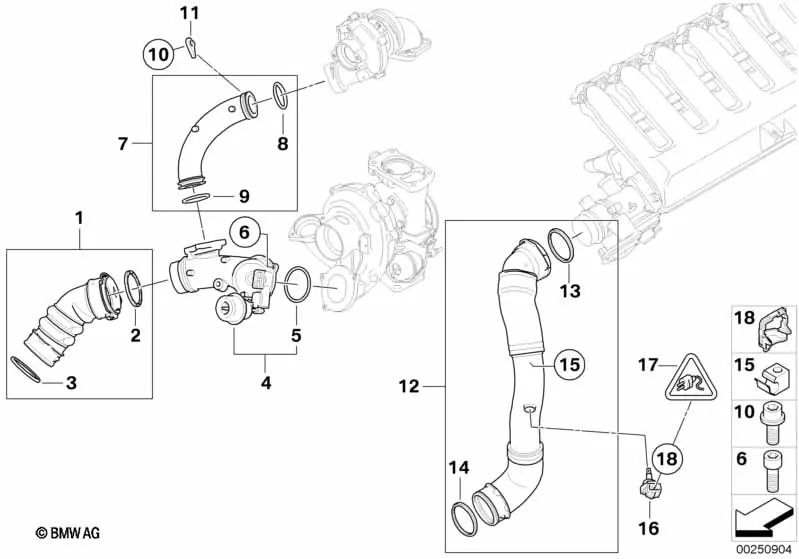 Tubo de conexão para BMW E90, E90N, E91, E91N, E92, E92N, E60N, E61N, E63N, E64N, E83N, E70, E70N, E71 (OEM 11657802590). BMW original.