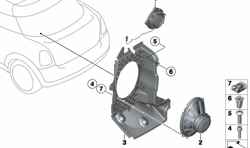 Altavoz grave (woofer) OEM 65133422633 para MINI R55, R56, R57, R58, R59, F55, F56, F57 con sistema estéreo. Repuesto original MINI.